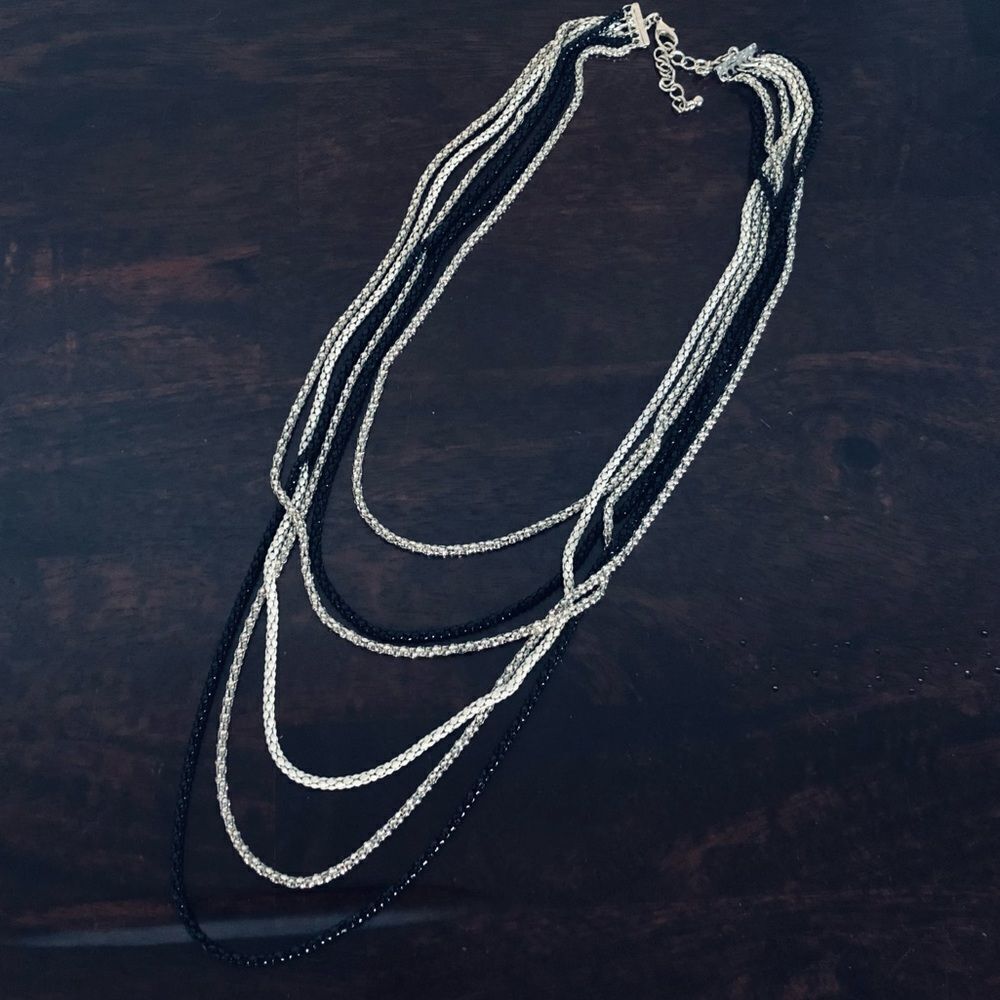 Long Waterfall Chain Multistrand Silver Black Necklace